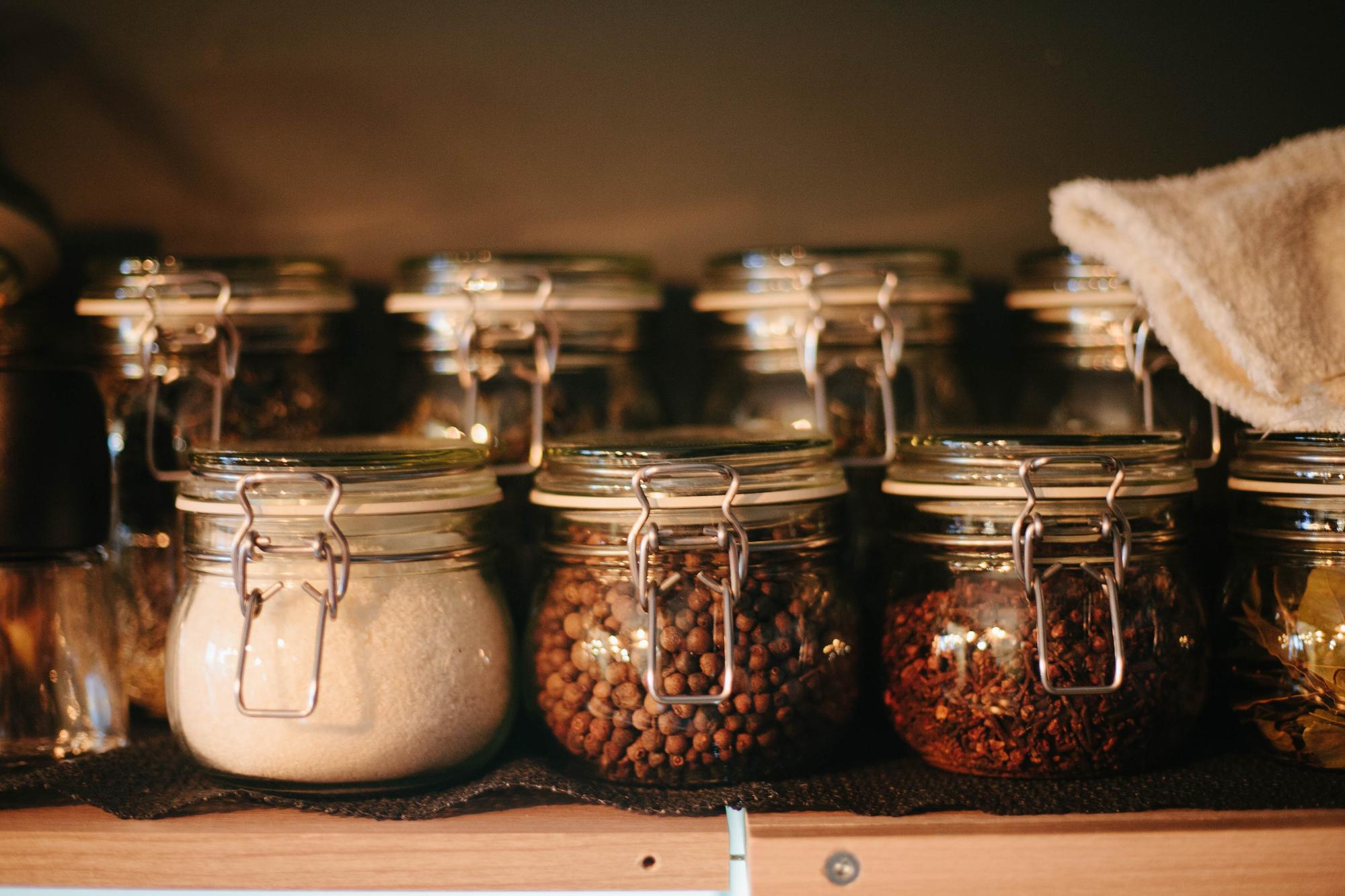 Rows of preserved jars on shelf