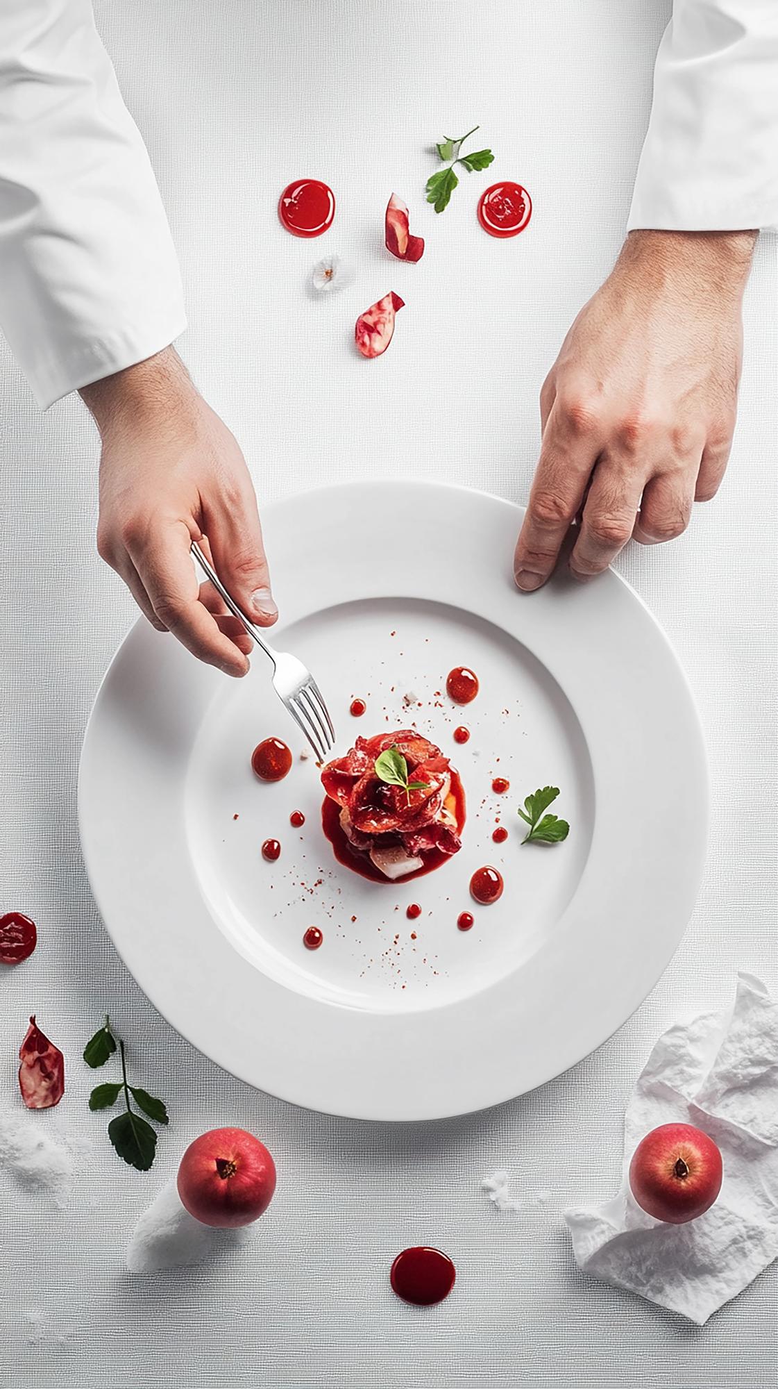 Chef prepares plated dish with focused hands